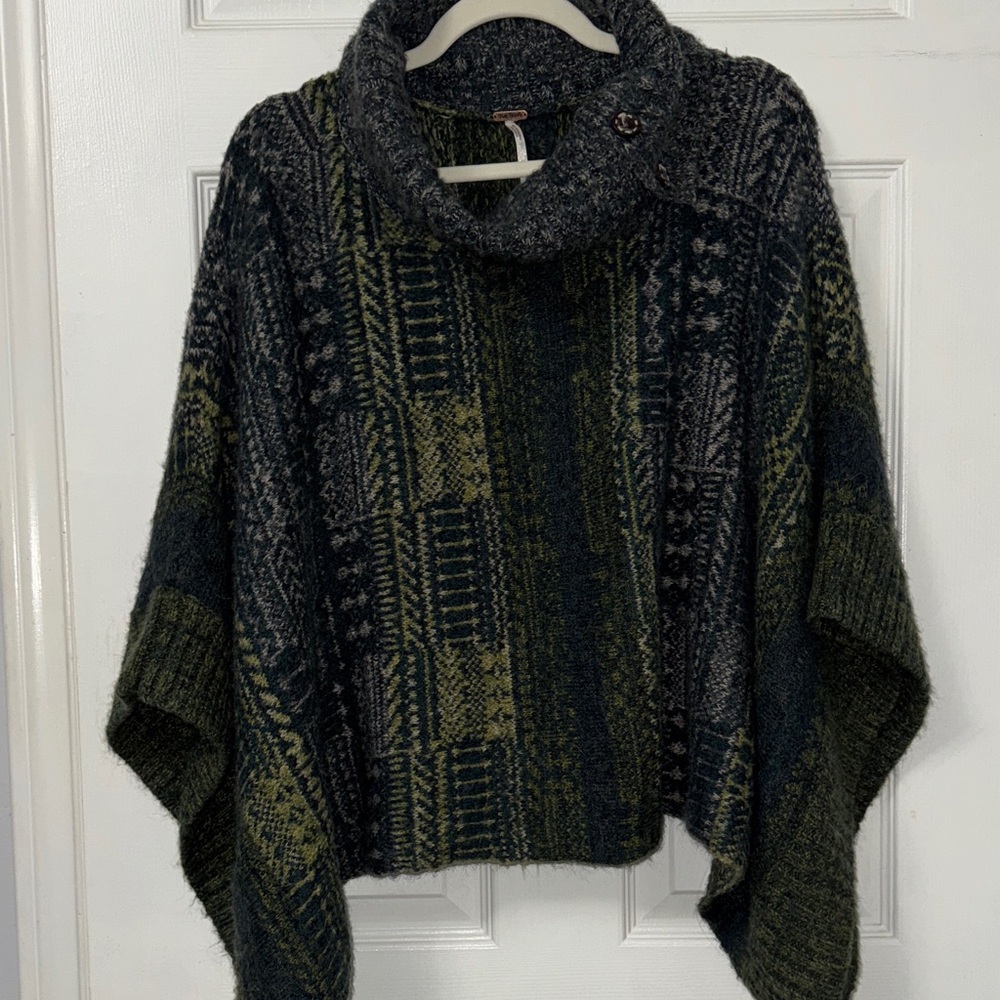 4 - Free People Womens Alpaca Blend Poncho Sweater Size XS Green Gray Knit